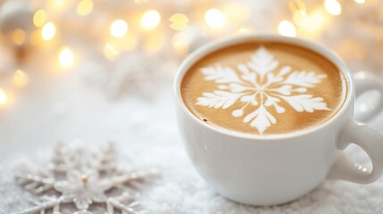 Cup of coffee with snowflake latte art surrounded by warm holiday lights and winter decorations