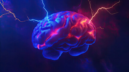 Human Brain with Colorful Lightning, Concept for Knowledge and Ideas - Creative Thinking Mind Power, Innovative Brainstorm, Intellectual Energy, Bright Mental Sparks, Inspirational Office Meeting Idea
