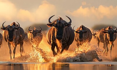 Wildebeest crossing the amboseli marshes