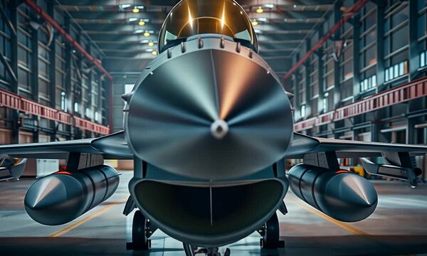 The powerful F 16 sits proudly in a spacious hangar, illuminated by warm sunlight, drawing in its solar design and advanced technology.
