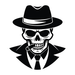 Mafia gangster skull with cigar and wearing a hat 
