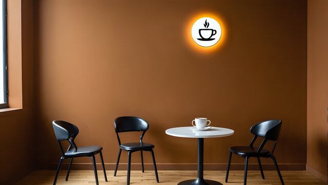 A minimalistic cafe interior with brown walls, a white table, black chairs and a coffee cup logo.
