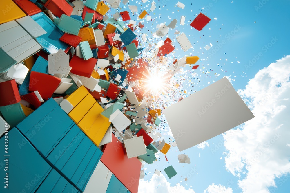 Poster a dynamic explosion of colorful blocks against a bright sky, symbolizing creativity and innovation.