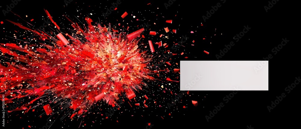 Poster a dynamic explosion of red particles on a black background, perfect for conveying energy and impact 