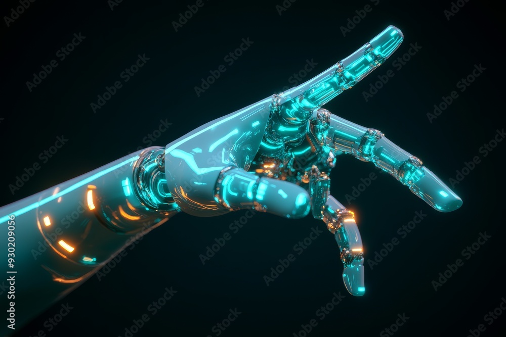 Poster futuristic robotic hand with glowing circuits extending a gentle touch symbolizing the intersection 