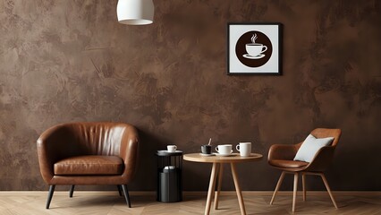 A minimalist coffee shop interior with brown leather chairs, a wooden table, and a picture of a coffee cup on the wall.