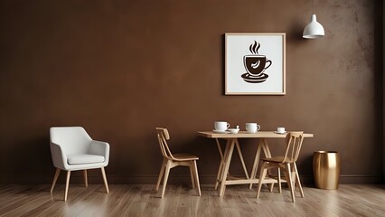 Cozy cafe interior with wooden table and chairs, a white armchair, and a framed coffee cup illustration on the wall.