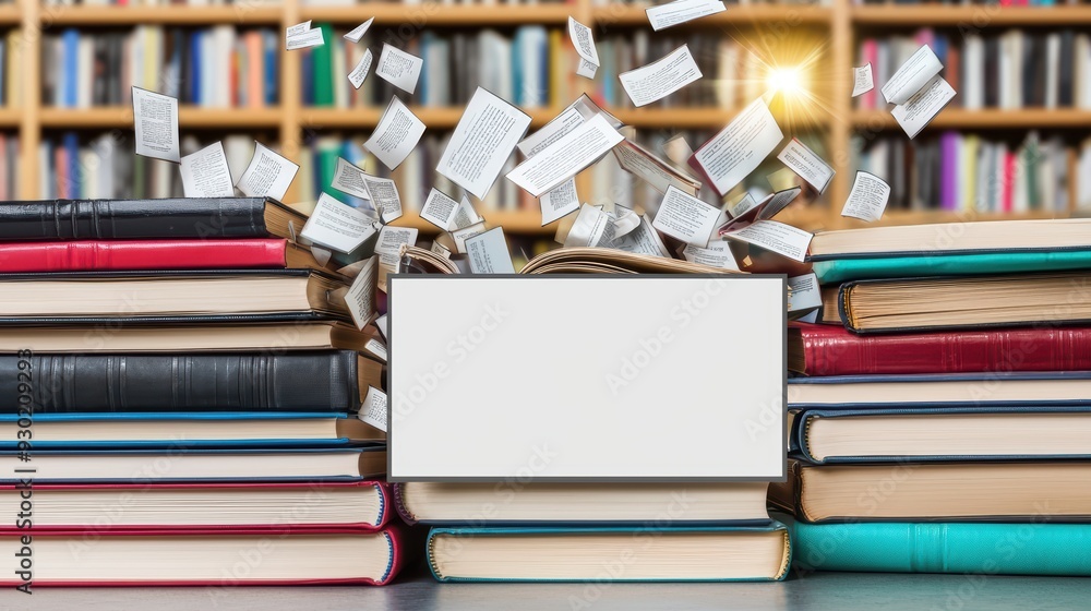 Aufkleber a dynamic scene of books bursting from a stack, symbolizing knowledge explosion and creativity, perf