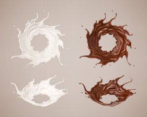 Milk and chocolate splashes. Milkshake and melted brown choco. Realistic vector illustration