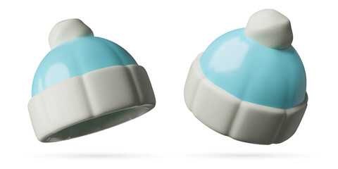 Blue winter hats 3d icons. Children head wear cute three dimensional elements in minimal plastic style.