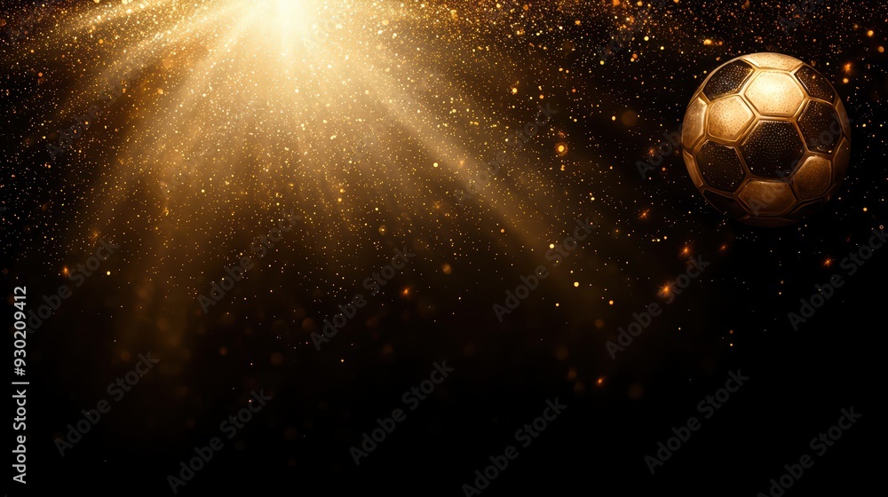 Poster a dynamic soccer ball surrounded by shining particles, creating an energetic and vibrant atmosphere 