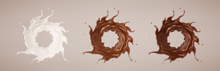 Milk and chocolate splashes. Milkshake and melted brown choco. Realistic vector illustration