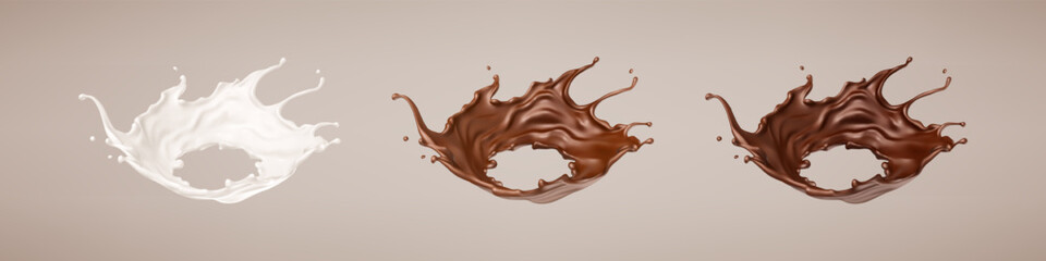 Milk and chocolate splashes. Milkshake and melted brown choco. Realistic vector illustration