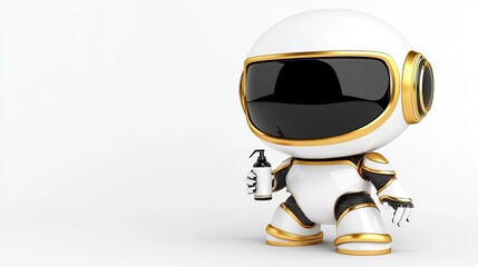 Fototapeta premium A charming robot with a milky white and gold finish holds a glowing telecommunication device while displaying a friendly smile