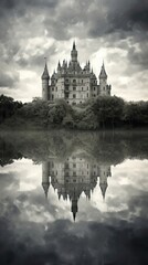 Obraz premium Grey tone wallpaper castle architecture reflection building.