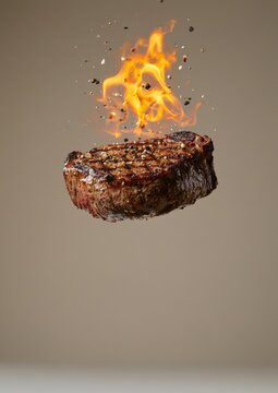 Naklejki Fiery Fantasy: Juicy Grilled Steak Suspended in Air with Flames, Surreal Advertising Concept,Generative AI