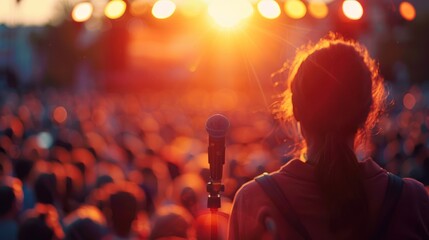 Speaker's passionate gesture to audience (focus on, motivational speech, vibrant, Overlay, Open-air venue)