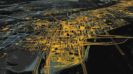 Obraz premium Technical aerial visual, 3D LiDAR GIS aerial map satellite scan model isolated, showing Shreveport, Louisiana. Elevation, topography, render