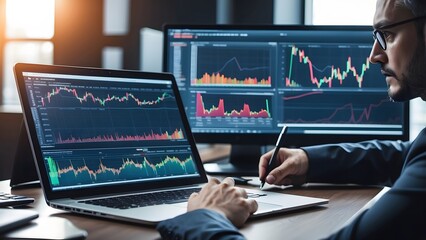 Fototapeta premium Cropped photo of businessman analyzing business diagram, marketing statistics and finance market graphs on laptop monitor in the office