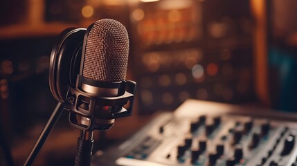 Professional microphone and headphones at the radio station, entertainment and communication concept