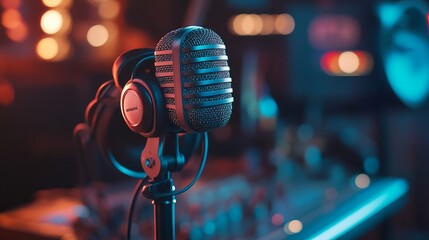 Professional microphone and headphones at the radio station, entertainment and communication concept