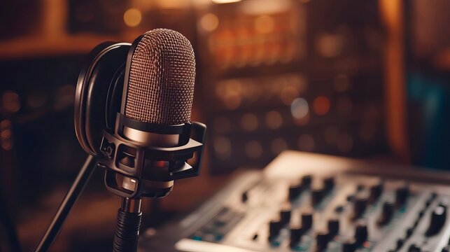 Professional microphone and headphones at the radio station, entertainment and communication concept