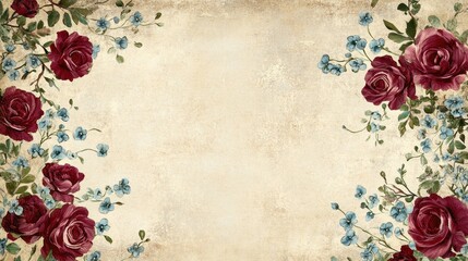 A vintage floral background featuring red roses and blue flowers on a textured beige surface.