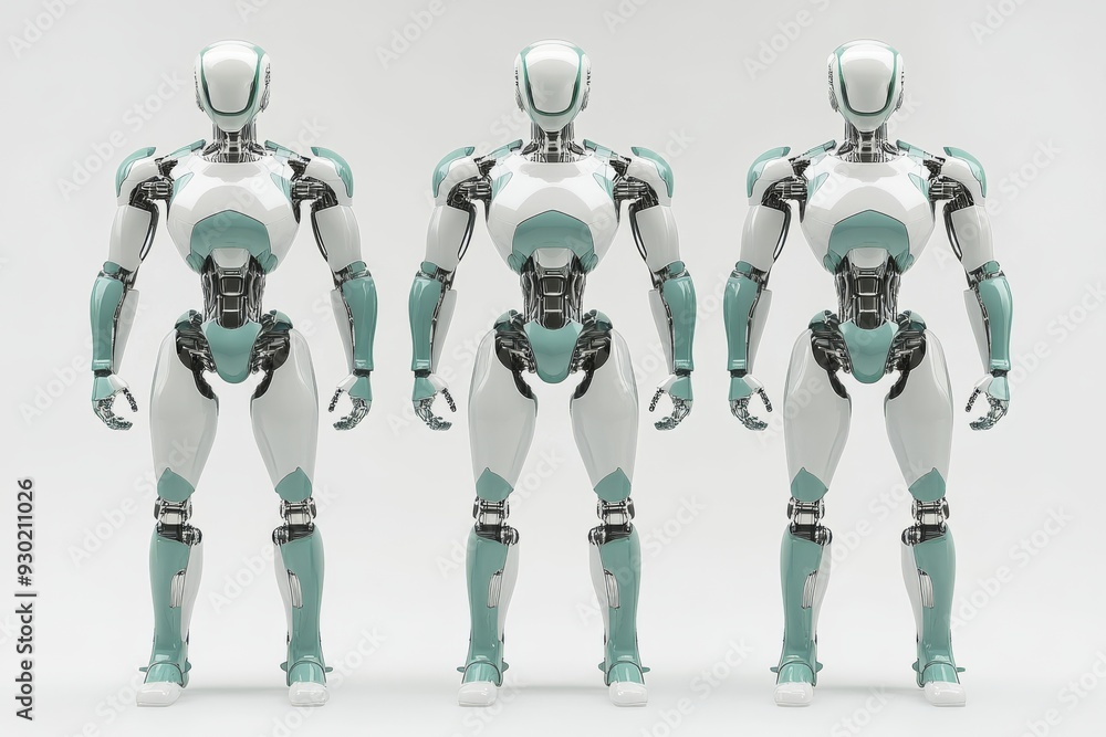 Poster a line of identical humanoid robots representing the precision and standardization of ai driven robo