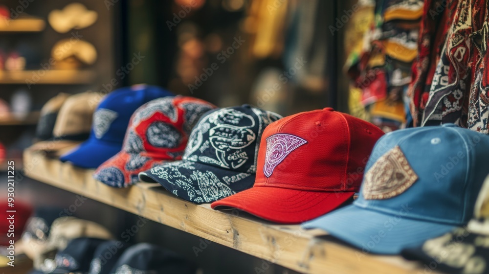 Poster a variety of stylish hats in different colors and patterns are neatly arranged on a rustic wooden sh