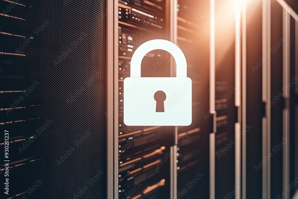 Poster a secure server room with a lock symbol, emphasizing data protection and cybersecurity in a technolo