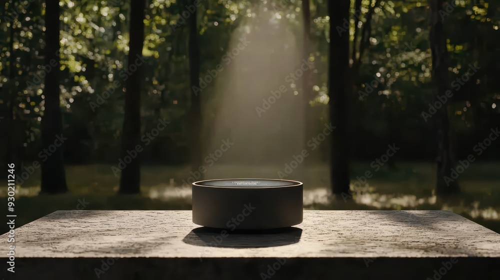 Poster a serene and mystical scene featuring a glowing object on a table in a sunlit forest, surrounded by 