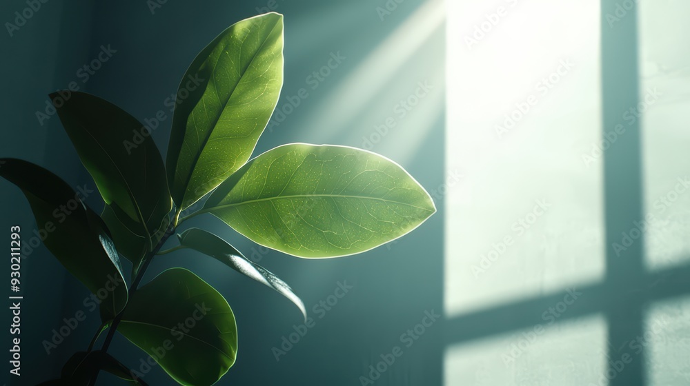 Poster a serene close-up of a green leaf illuminated by soft sunlight, creating a calming atmosphere in a m