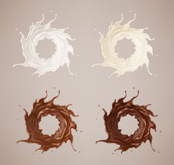 Milk and chocolate splashes. Milkshake and melted brown choco. Realistic vector illustration