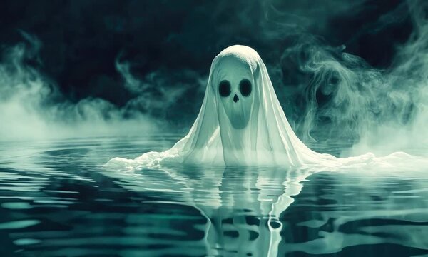 spooky ghost floats in water at night