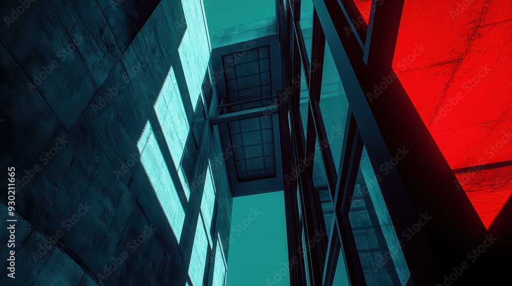 Poster a striking architectural scene featuring angular lines and bold colors, showcasing a modern structur