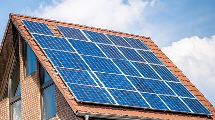 A solar panel installation on a modern rooftop, showcasing renewable energy technology under a clear blue sky.