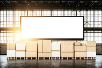 Fototapeta premium A spacious warehouse with stacked boxes and a large blank screen for displaying announcements or advertisements.