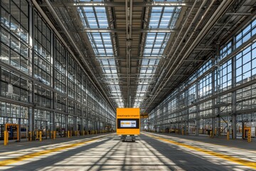 Fototapeta premium A spacious industrial warehouse with high ceilings, large windows, and vibrant yellow equipment on the floor, showcasing modern design.