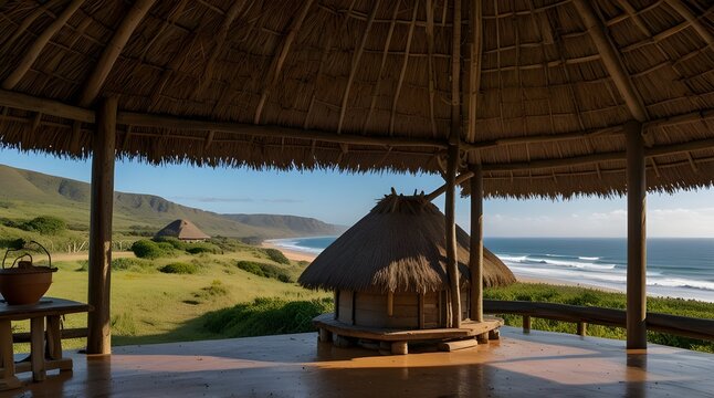 Panoramic view of a rondawel traditional thatched roof.generative.ai