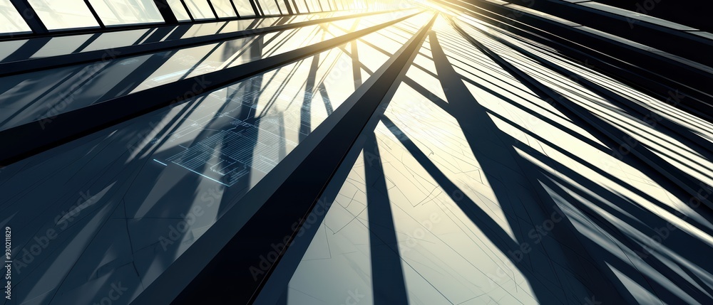 Poster a stunning architectural image showcasing angular lines and reflections of light through glass and s