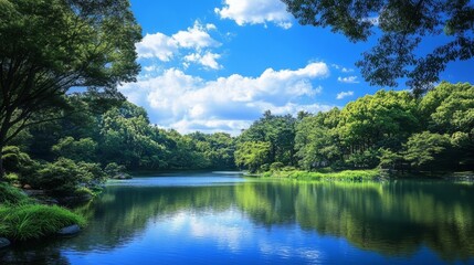 Obraz premium A quiet park with a small river flowing through it amidst a bright blue sky. Lush greenery and gentle waves create a relaxing atmosphere, perfect for relaxing and enjoying nature.