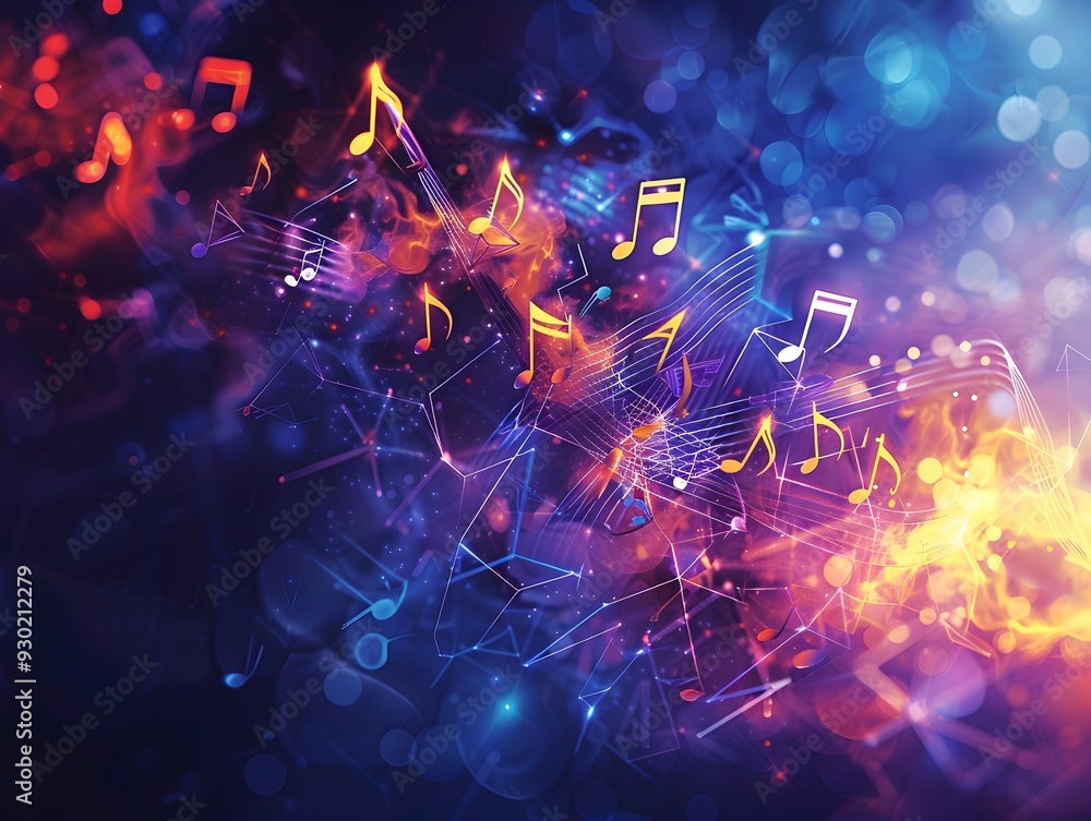 Poster glowing geometric music notes design with sharp lines on dark background showcasing modern art and m
