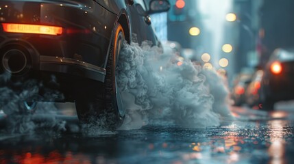 Thick car exhaust fumes filling the air (close up, environmental hazard, realistic, Fusion, Urban street)