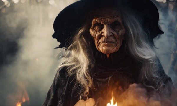 spooky witch in dark foggy forest on halloween