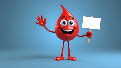 Fototapeta premium Happy red blood drop cartoon character holding a blank sign.
