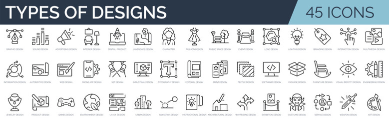 Set of 45 outline icons related to design. Linear icon collection. Editable stroke. Vector illustration