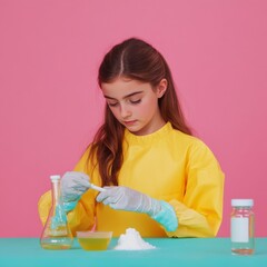 A young girl in a yellow lab coat conducts a science experiment with beakers, a bowl of powder, and gloves.