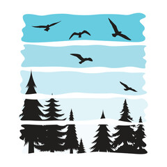 Obraz premium Winter spruce forest with birds in the blue sky, print for clothes, calm winter scene.