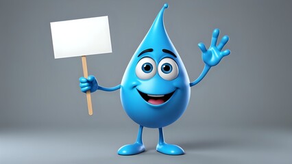 Happy blue water drop cartoon character holding a blank sign.