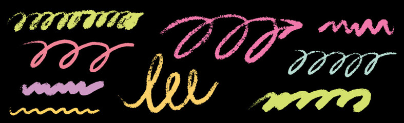 Hand drawn scribble crayon set. Squiggle doodle arrow, line set. Crayon texture shape naive. Vector illustration